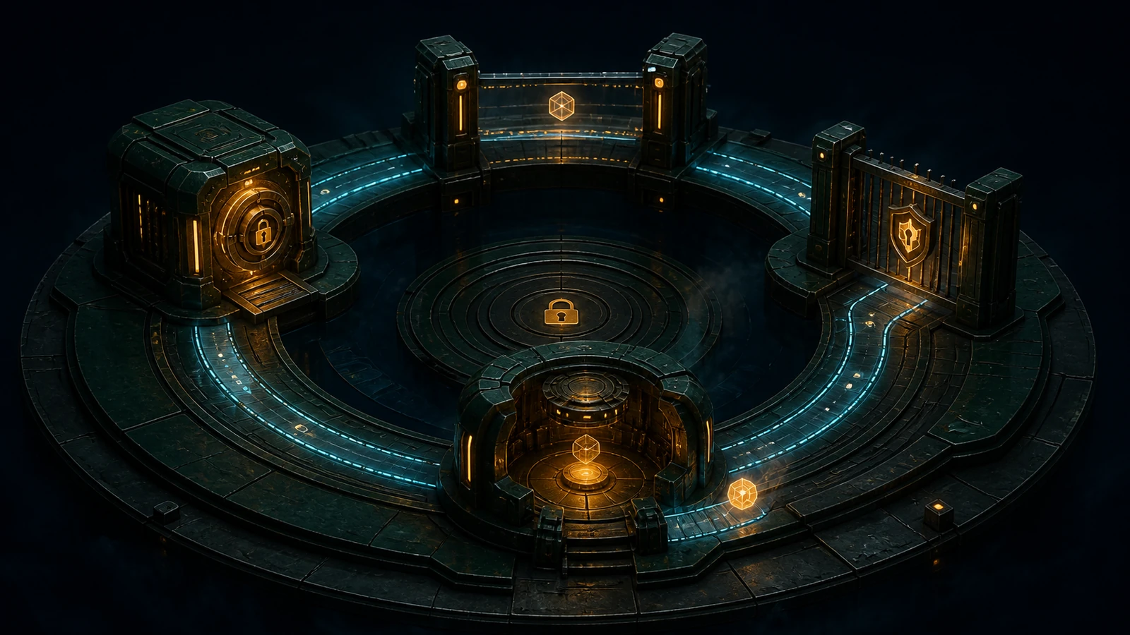 Amber padlocks, a vault door, and a barred gate surround a circular cyan-lit security path