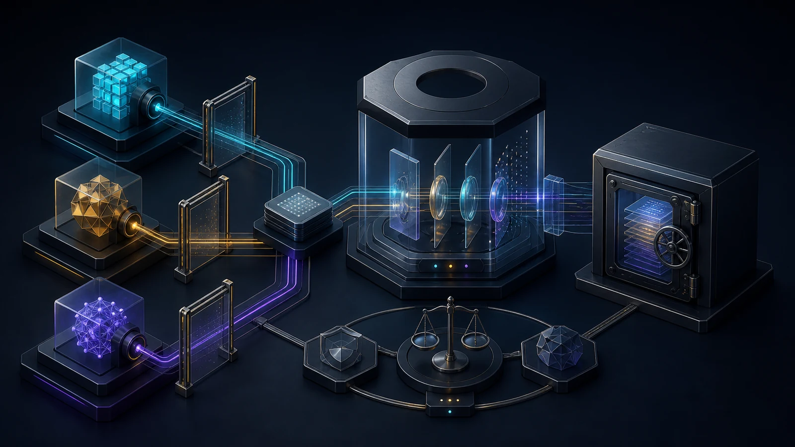 Evaluation datasets and live traces enter a calibrated scoring laboratory, then pass through a release gate into an evidence archive on a dark navy background with cyan and amber light