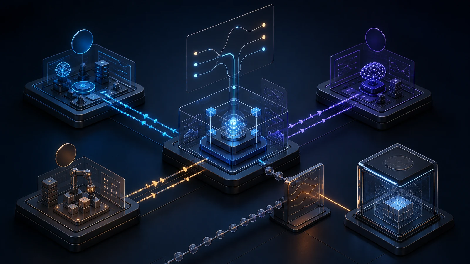 An event-driven multi-agent control room with message channels, tool gates, a code-execution chamber, and a human approval station on a dark navy background with cyan and amber light