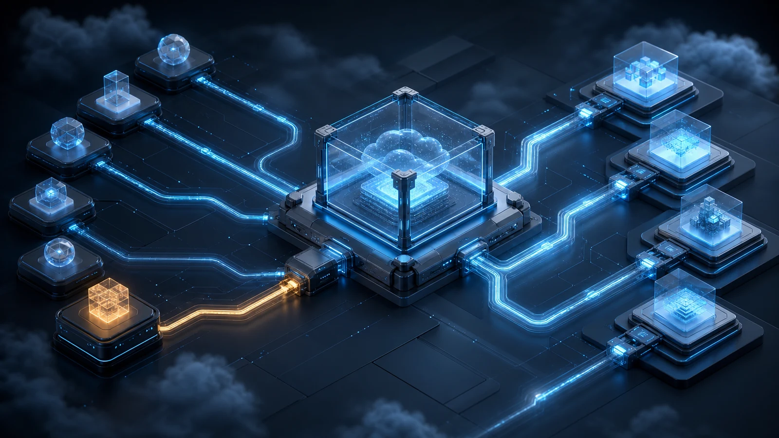Editorial cloud coding-agent toolkit scene with guarded modules, parallel delivery paths, and an amber approval checkpoint