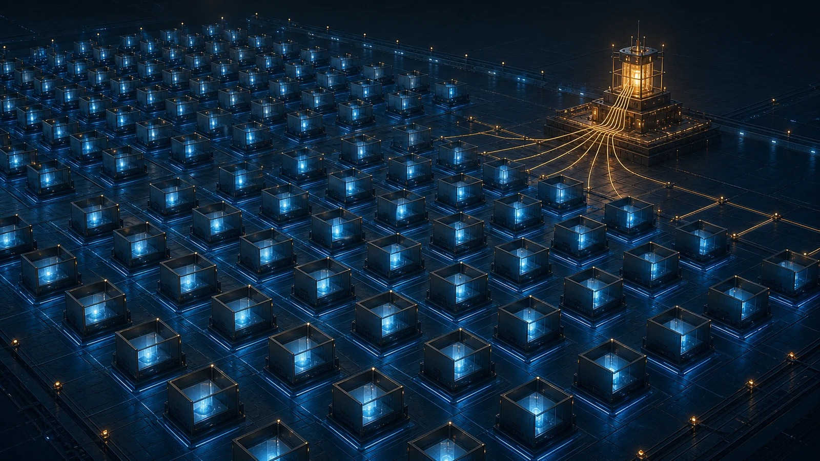 A dark grid of many blue-lit cubicles fans into a single gold-lit control tower