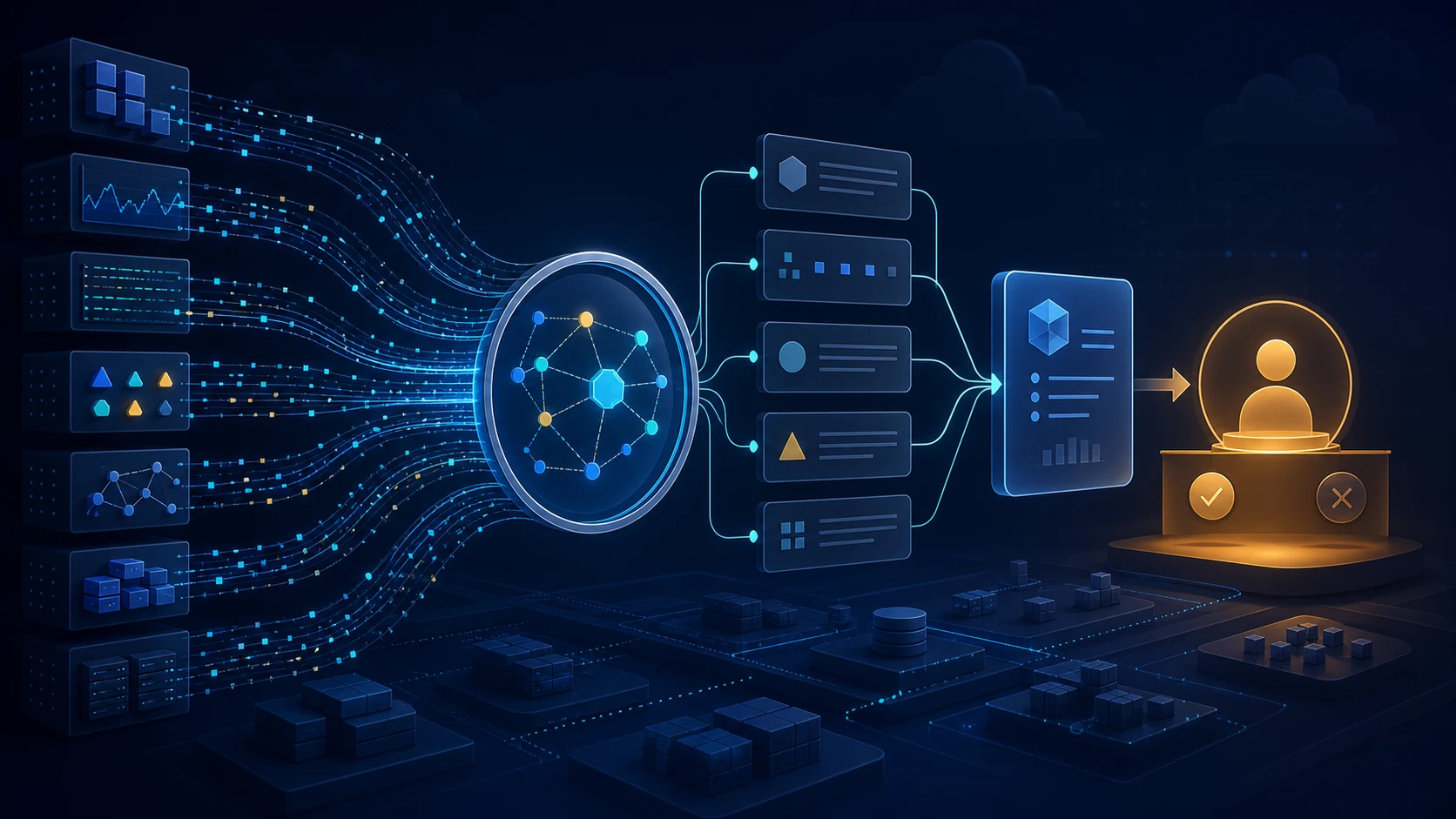 Editorial cloud observability scene connecting logs, metrics, traces, and alerts to human-reviewed incident findings
