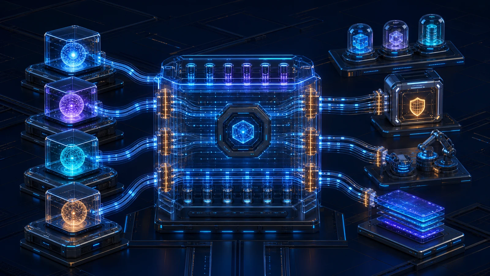 Editorial managed agent infrastructure bay with a glowing control harness, secure tool paths, and amber deployment gates