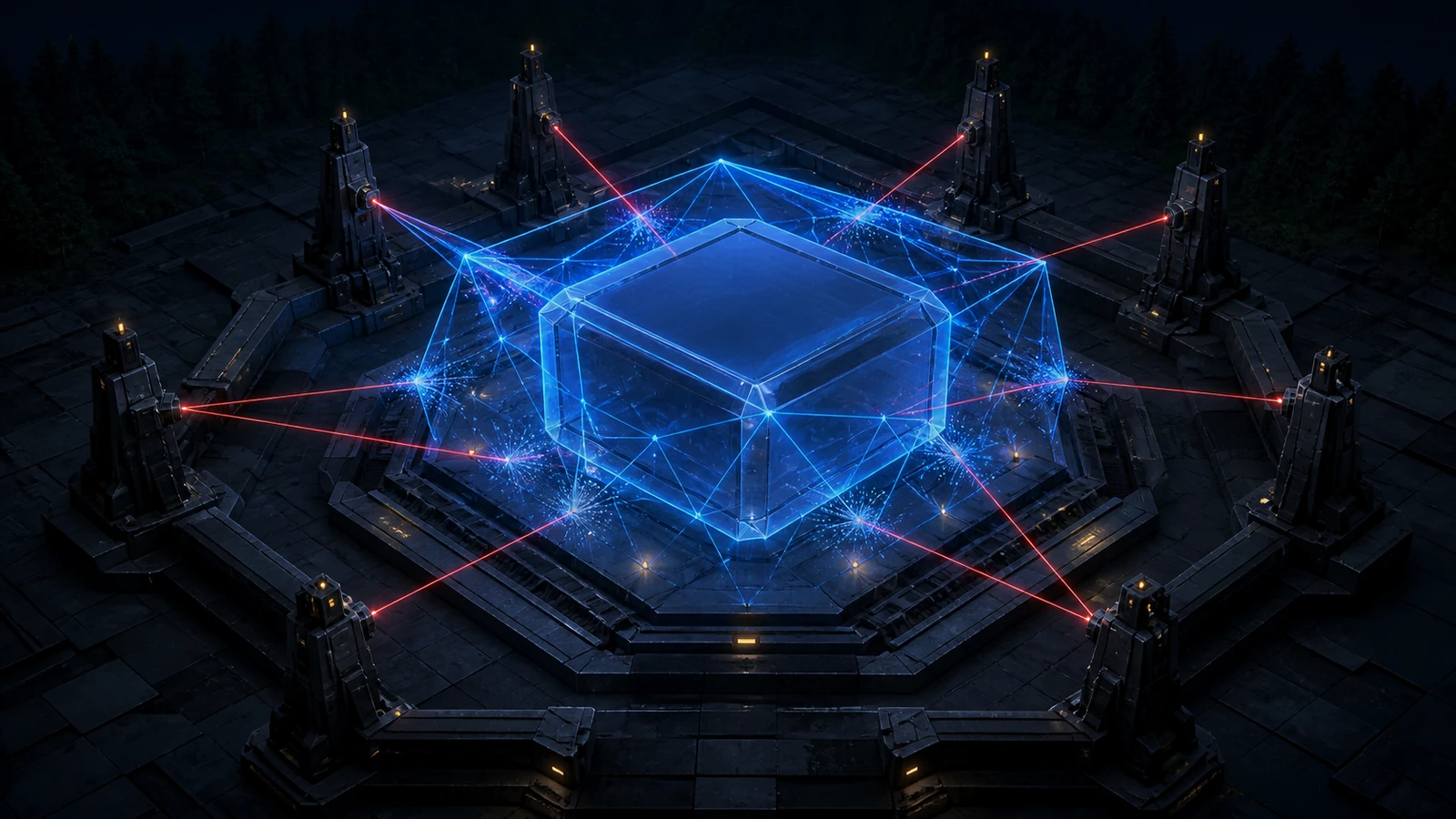 A transparent blue cube sits inside a glowing polygonal shield while red beams converge from surrounding towers