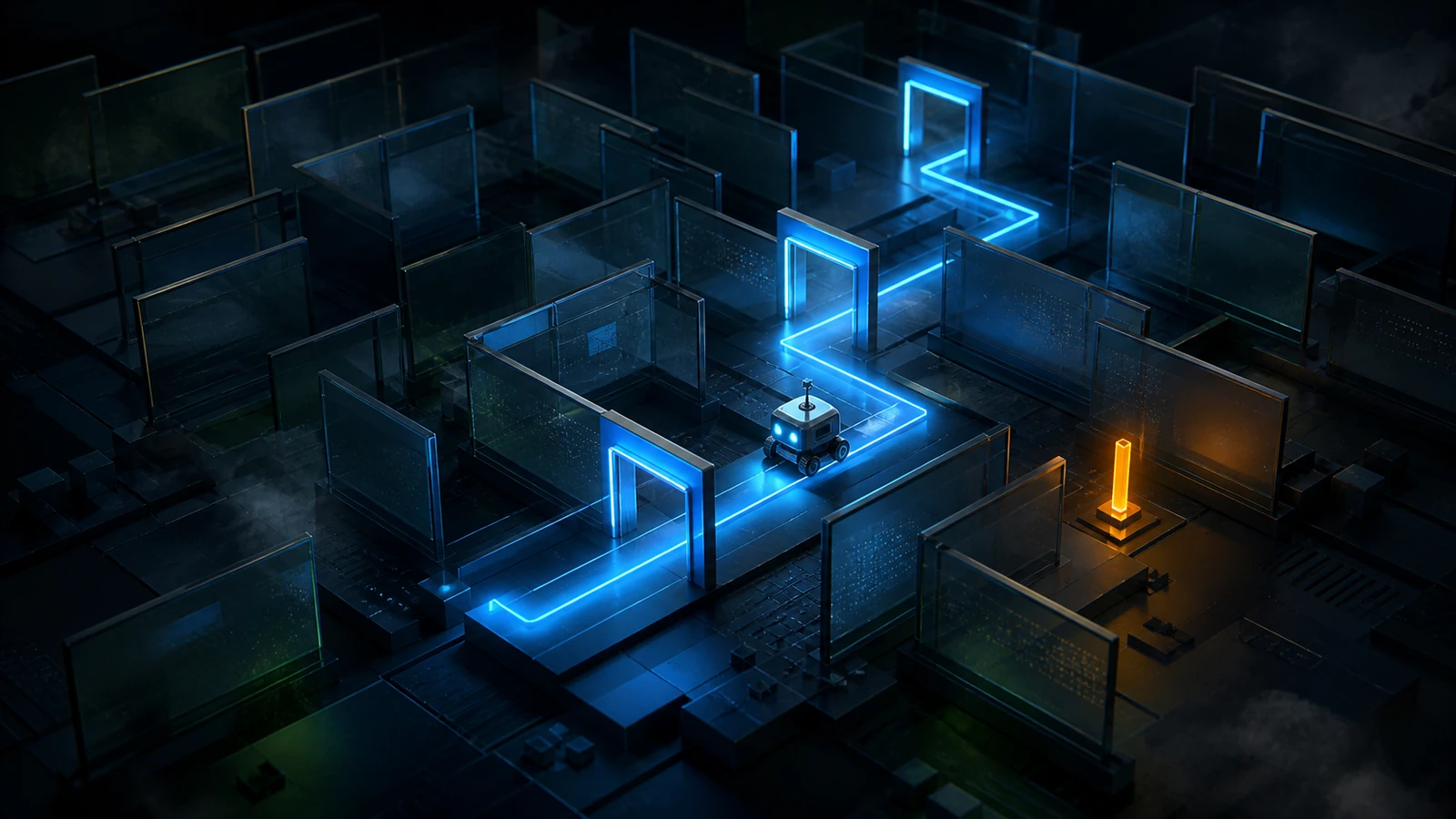Dark glass maze with a blue route, three luminous door frames, a small rover, and an orange marker