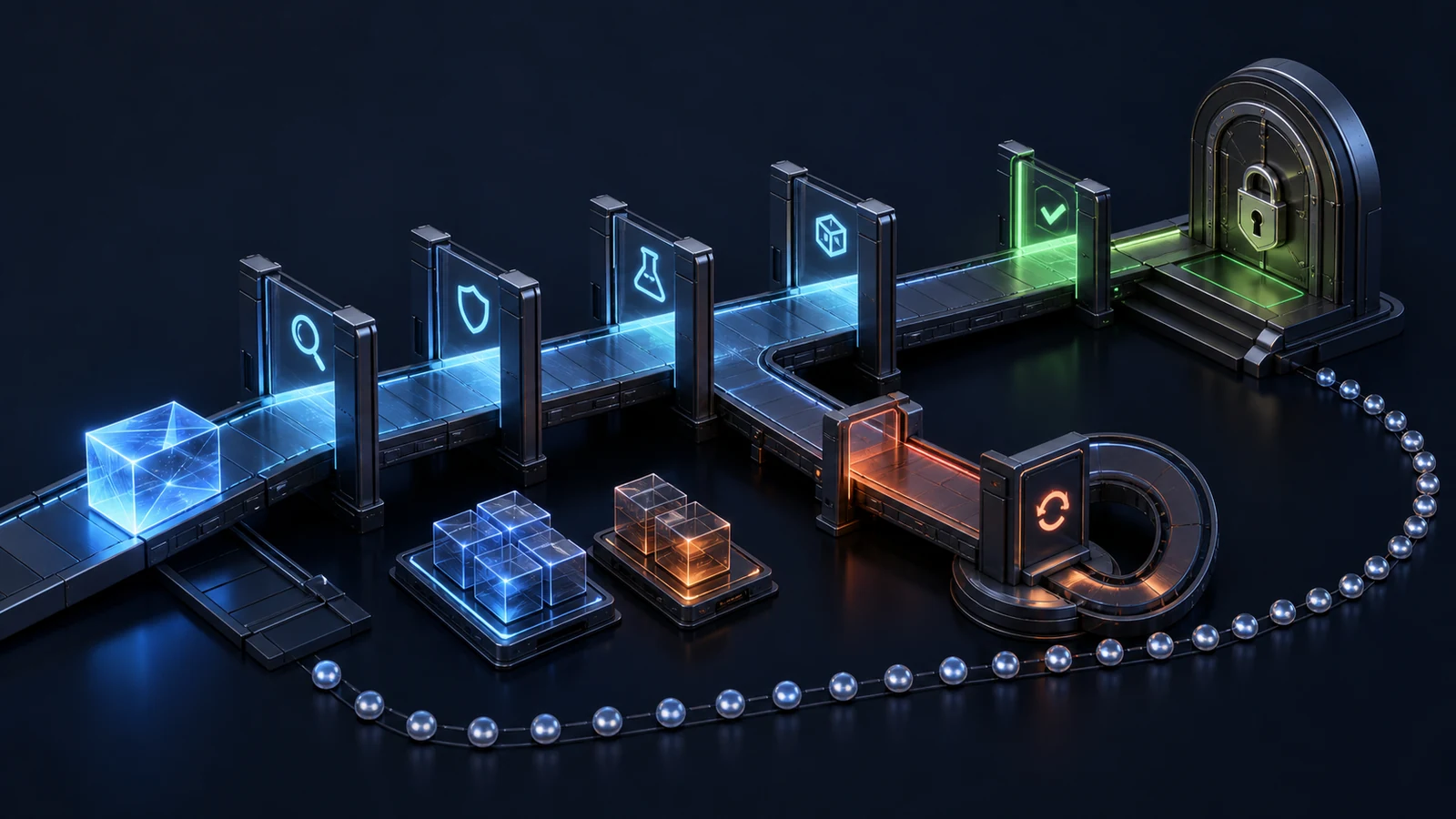 A cyan code change moves through isolated test chambers, dependency scanners, a human review gate, and a sealed merge terminal on a dark navy background with cyan and amber light