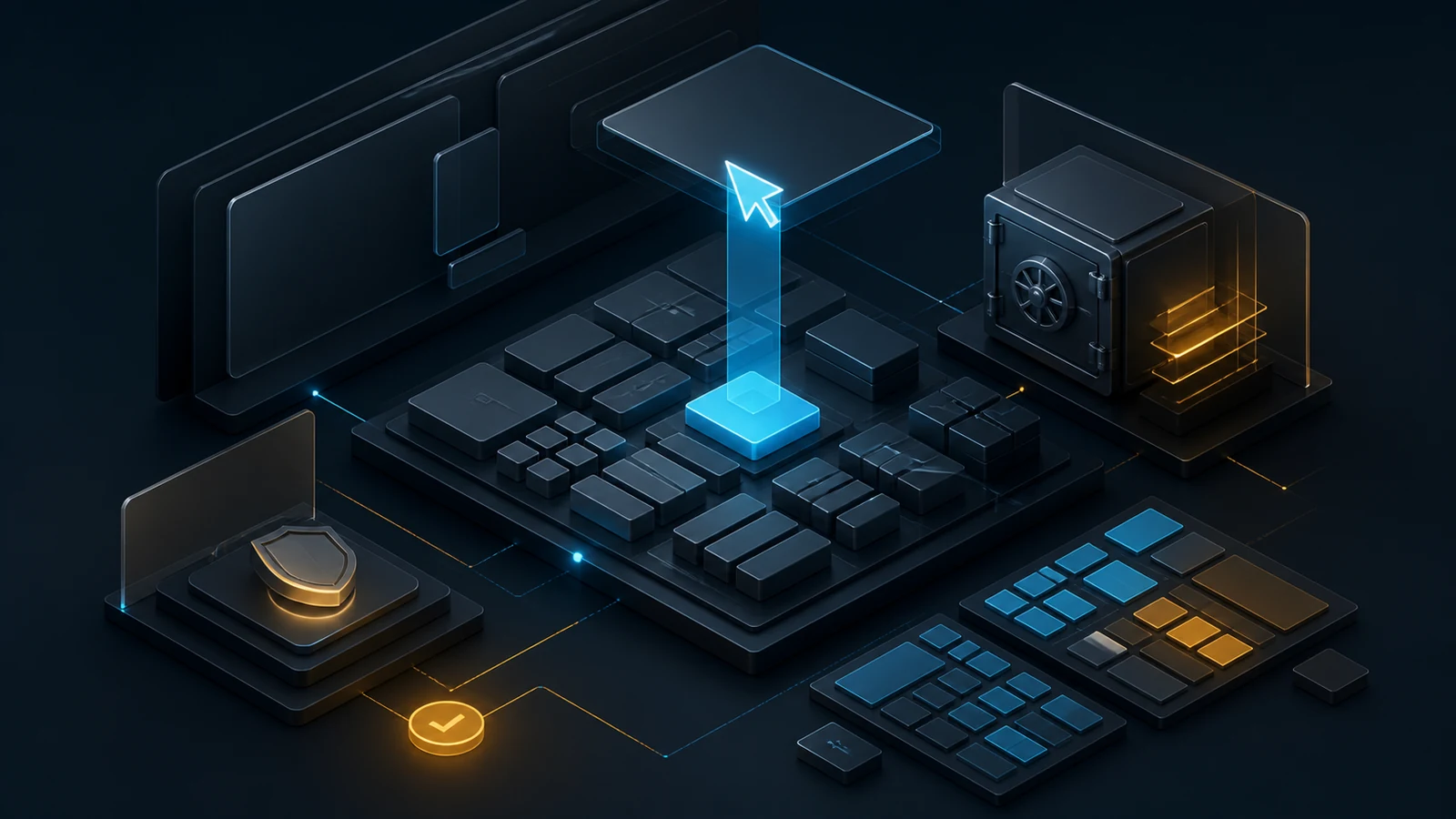 A code editor cockpit connects local files, a cloud agent chamber, privacy controls, cost meters, tests, and a guarded merge lane on a dark navy background with cyan and amber light