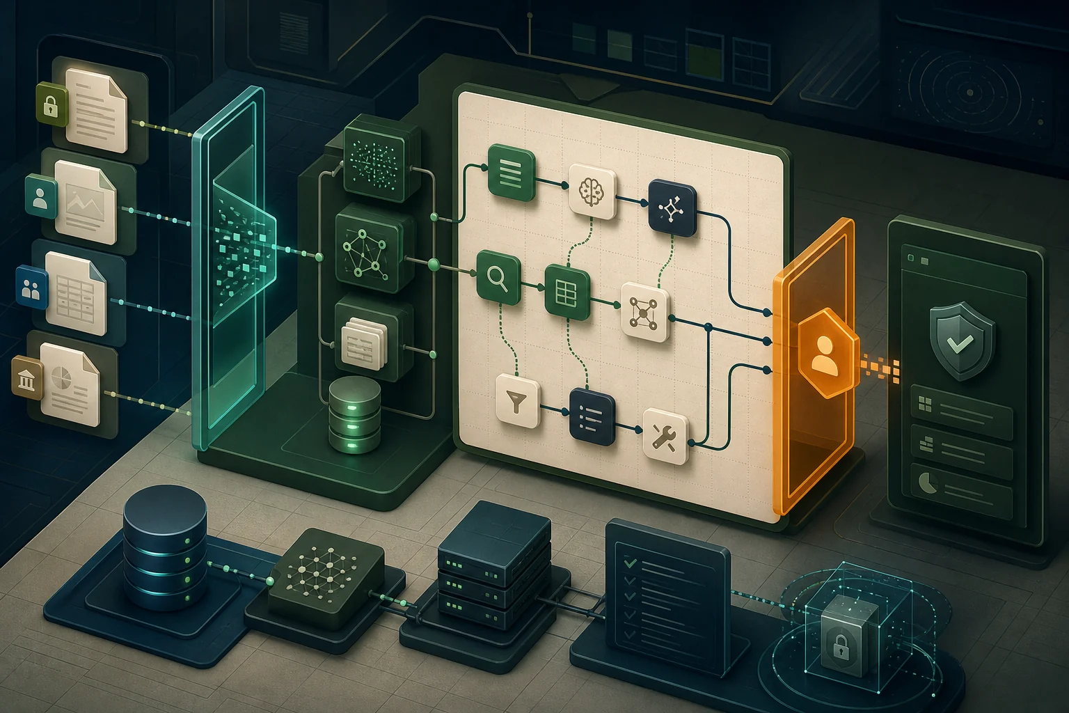 Editorial enterprise RAG control room with document ingestion, retrieval, workflow branches, and a guarded production handoff