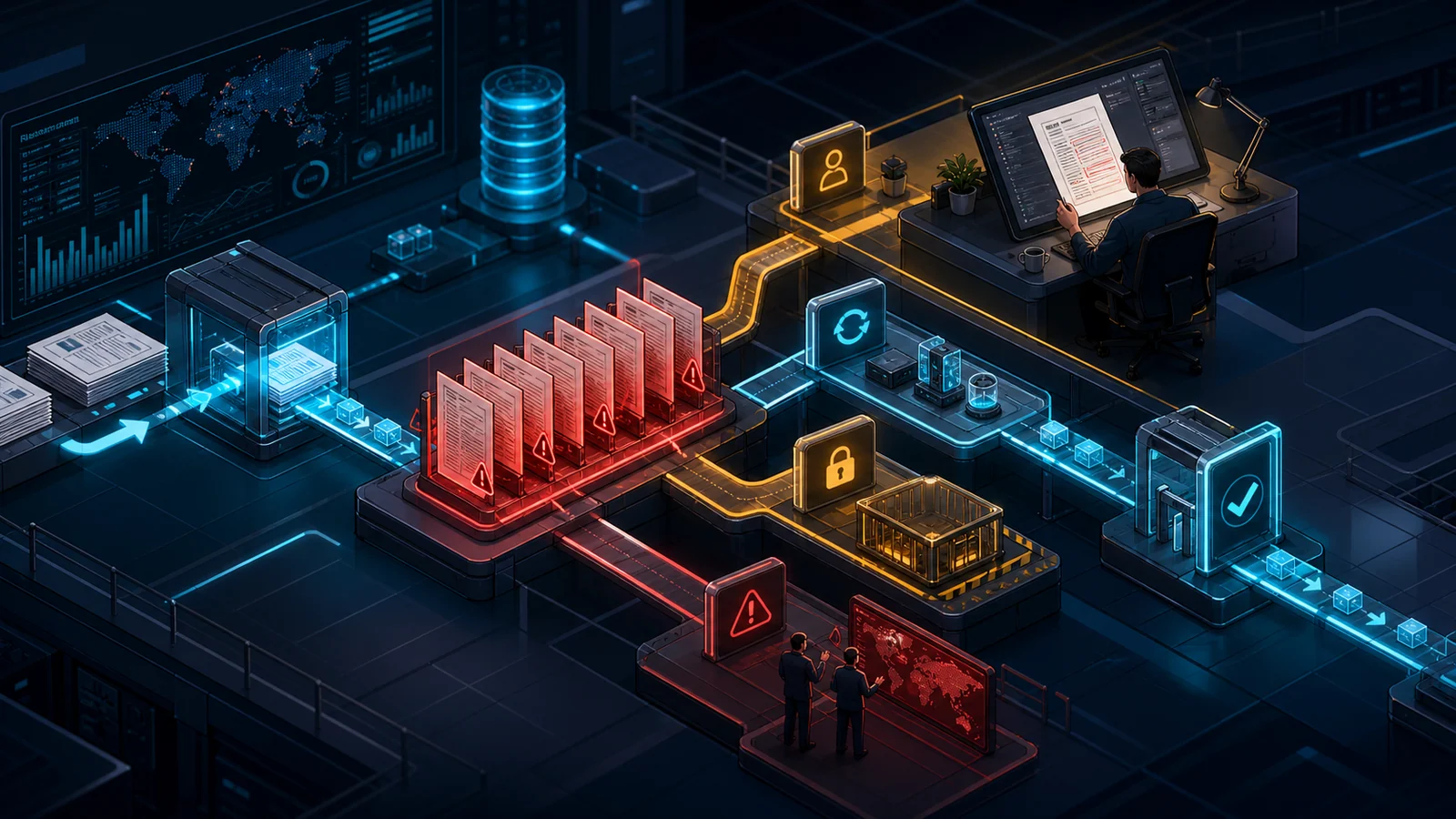 Document exceptions move through colored queue lanes toward human review retry quarantine and escalation stations