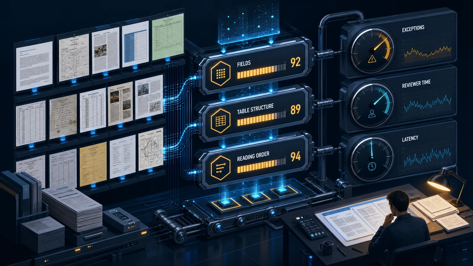 A stratified document sample grid feeds field table and reading-order scorecards with separate error gauges