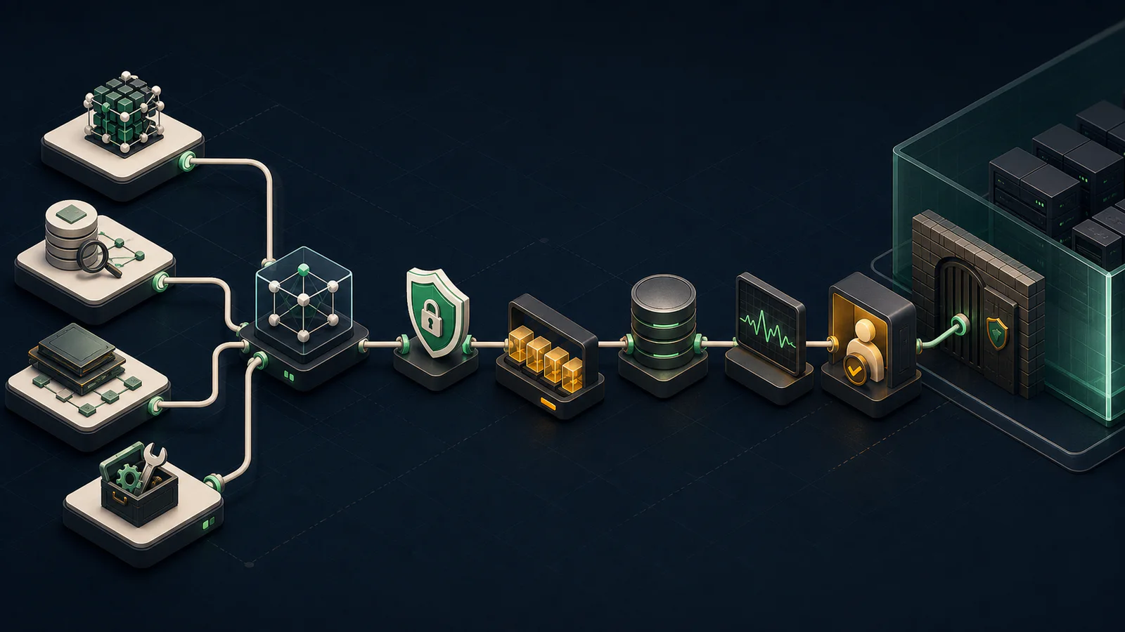Editorial self-hosted Flowise operations map connecting model, retrieval, and tool nodes through security, worker, and approval gates