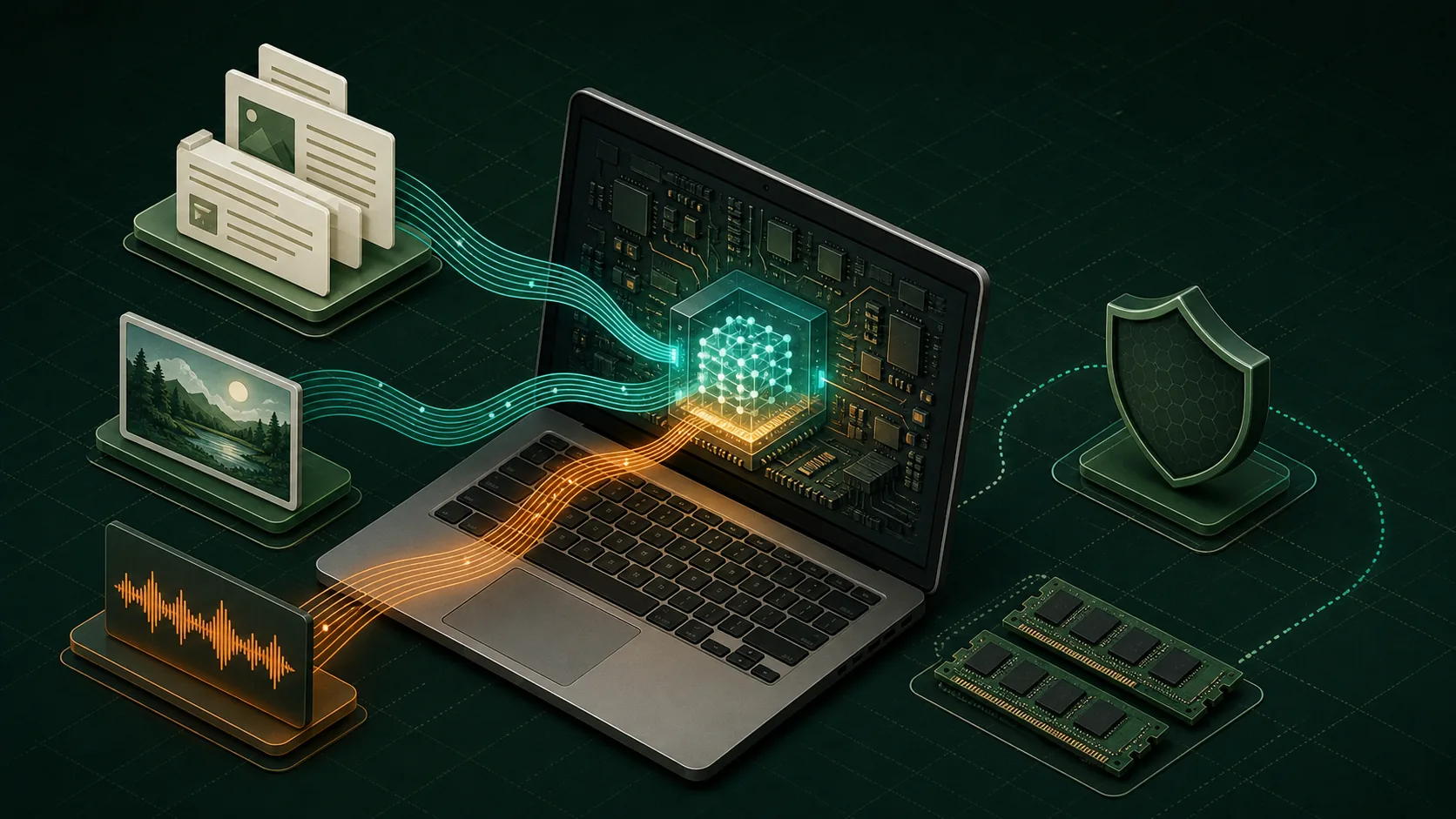 Editorial laptop architecture showing local text, image, and audio processing with memory planning and a privacy boundary
