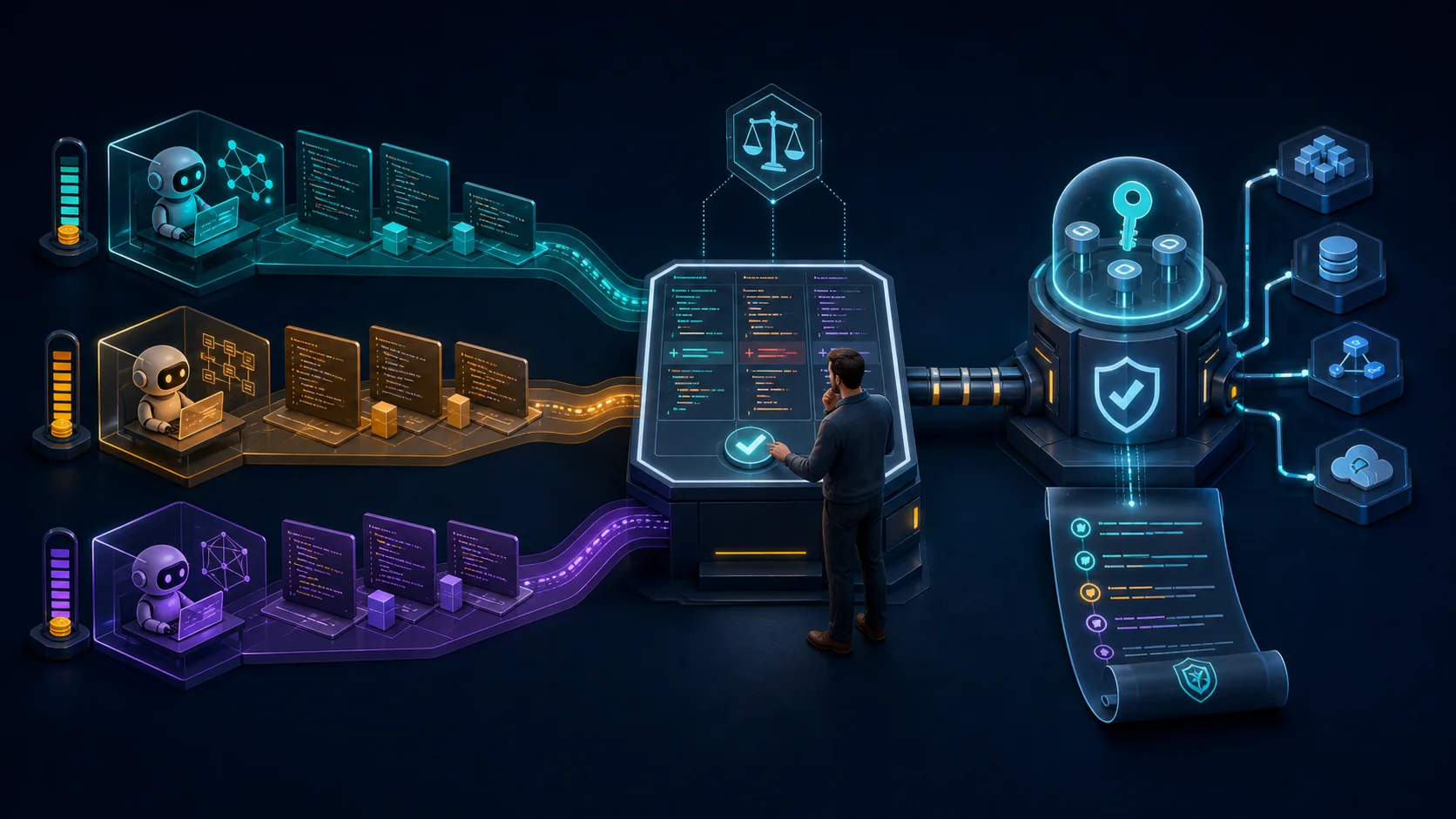 Editorial review board where separate AI coding workstreams converge at human approval before a scoped MCP security gateway