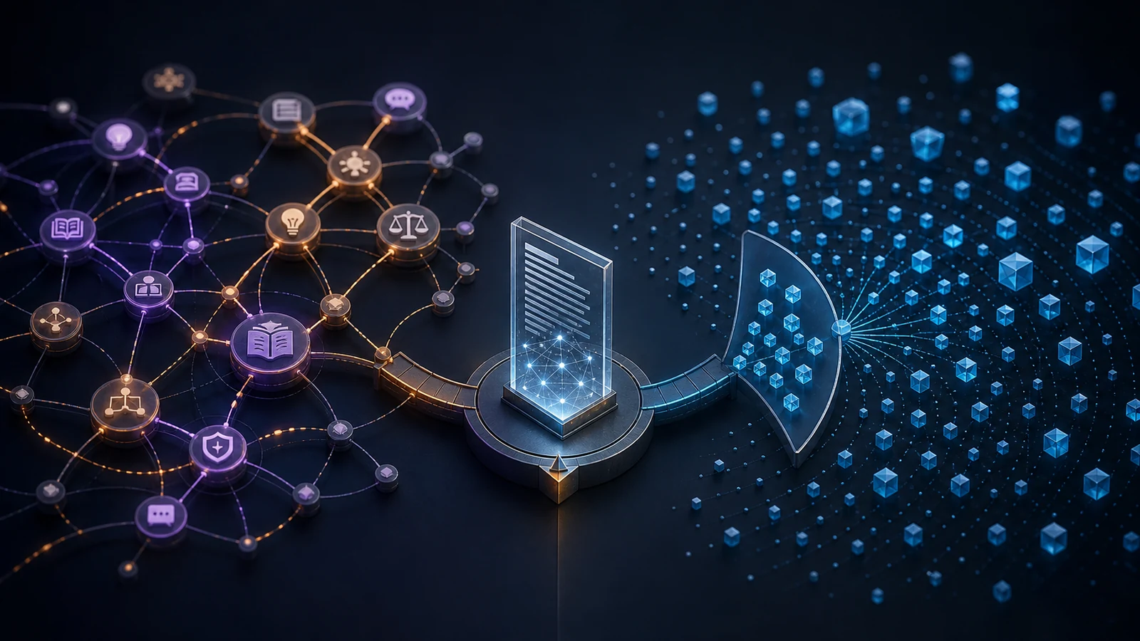 Two retrieval routes from a document library, one through vector constellations and one through an entity graph, converge at a citation verifier on a dark navy background with cyan and amber light