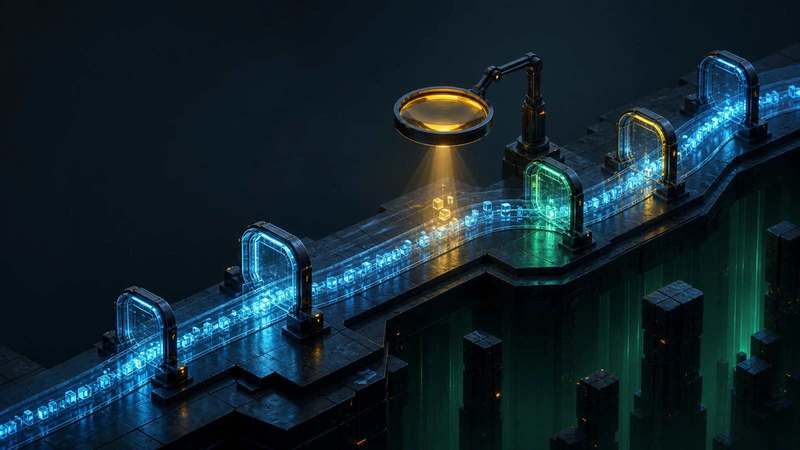 An elevated cyan stream of small cubes passes blue, green, and amber gates under a golden lens