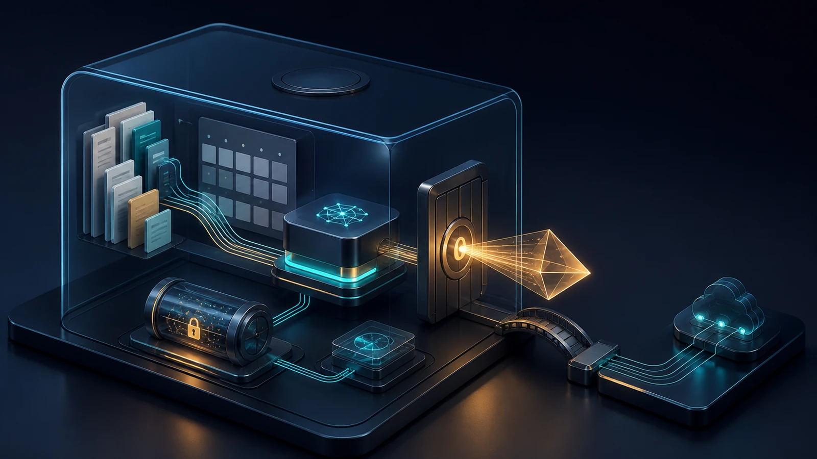 A private library connects desktop notes, document folders, semantic search, a local model, a web research channel, and a guarded user portal on a dark navy background with cyan and amber light