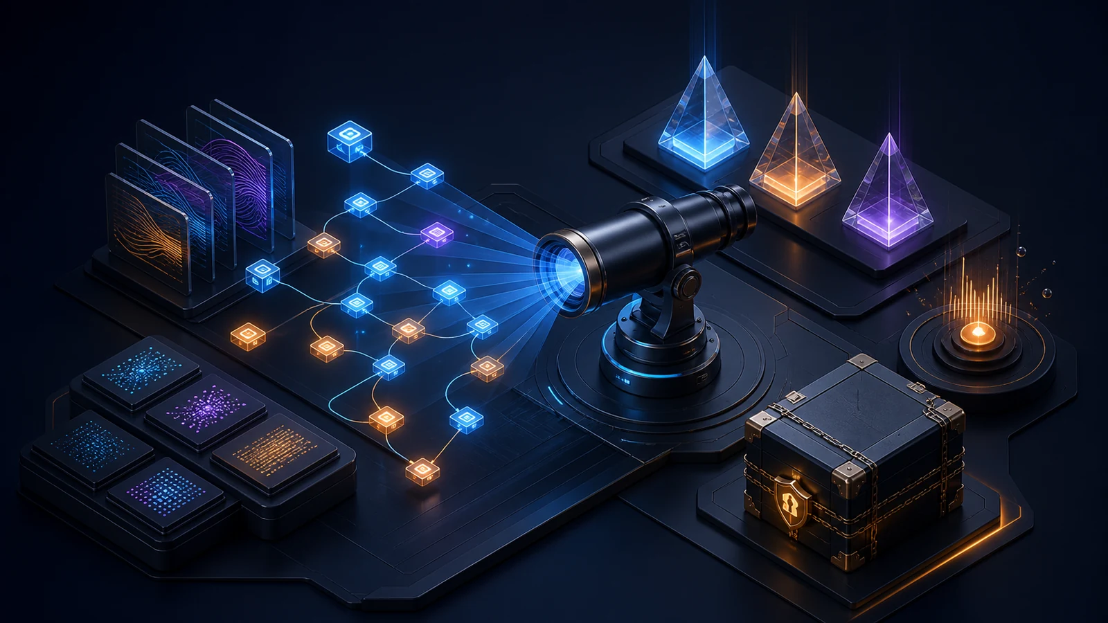 Agent traces stream into an observability console, evaluation laboratory, calibrated human review station, cost meter, and controlled release gate on a dark navy background with cyan and amber light