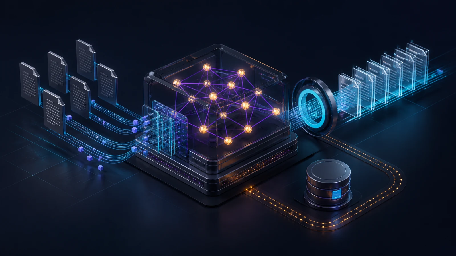 Documents flow through entity extraction into a luminous knowledge graph and vector index before converging at a citation evaluation bench on a dark navy background with cyan and amber light
