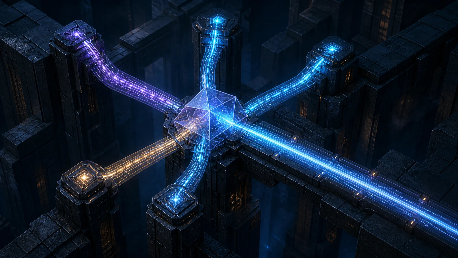 Five dark towers and their luminous channels converge on a faceted glass prism while a cyan path continues to the right