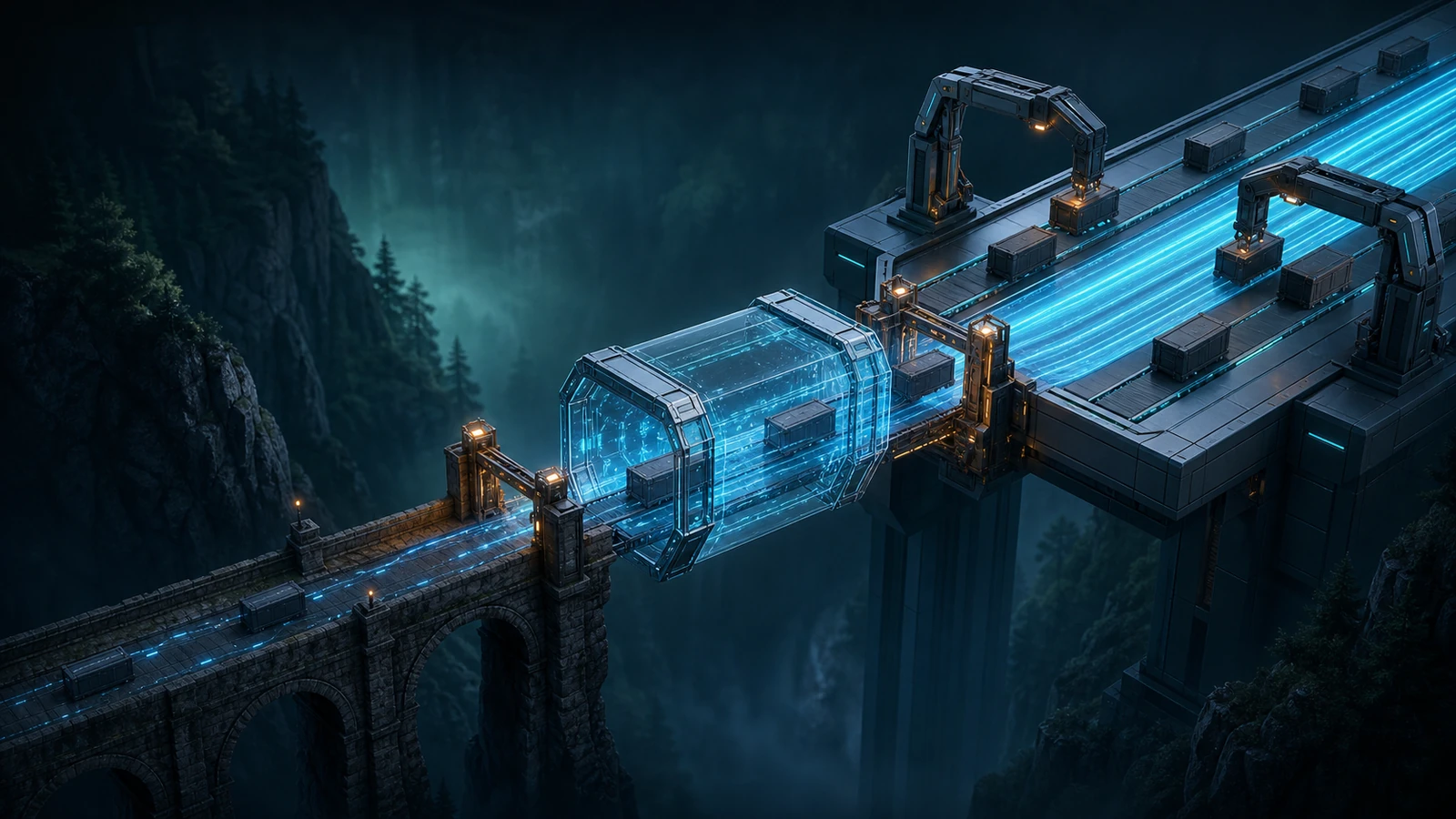 Blue-lit cargo lanes carry dark crates from an old stone viaduct into a raised automated platform