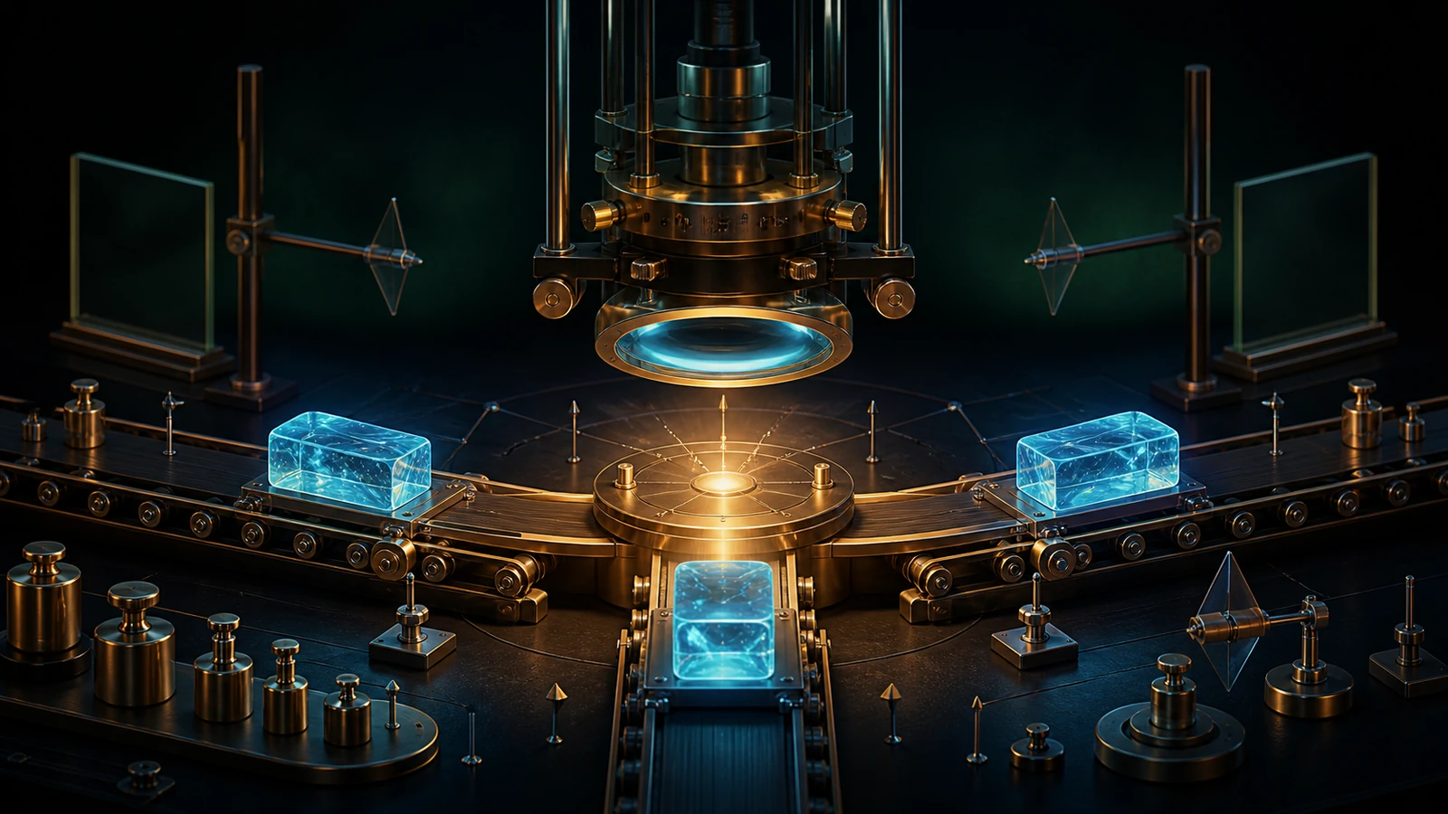Brass laboratory apparatus weighs glowing blue blocks around a central illuminated calibration platform