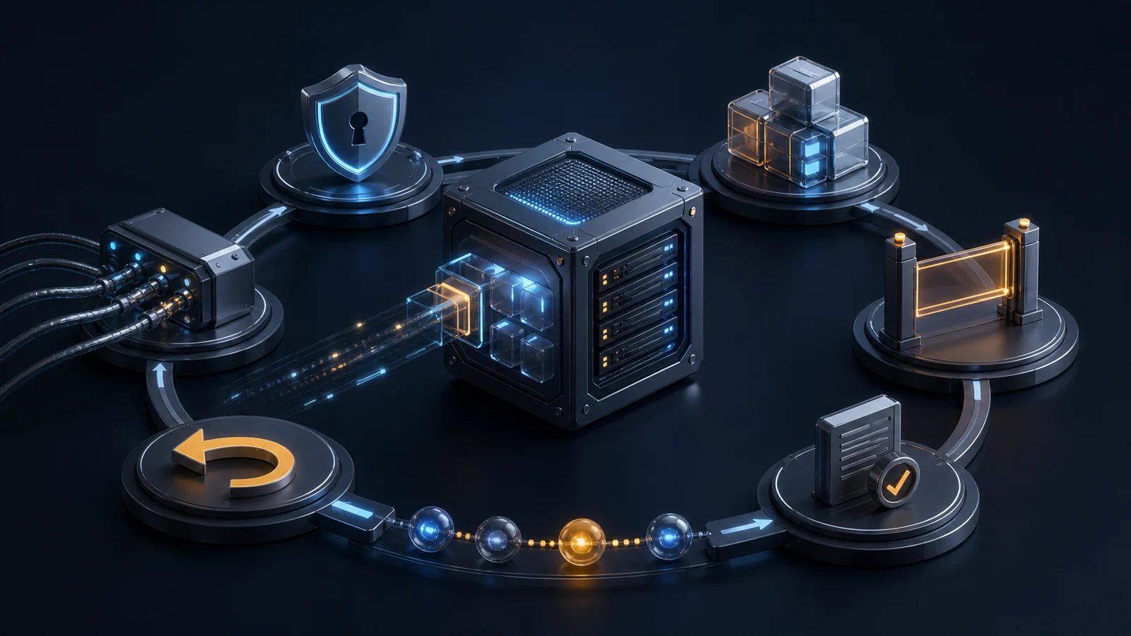 A circular lifecycle track linking a registry cabinet, signed package, policy gate, runtime console, revocation switch, and archive vault on a dark navy background with cyan and amber light