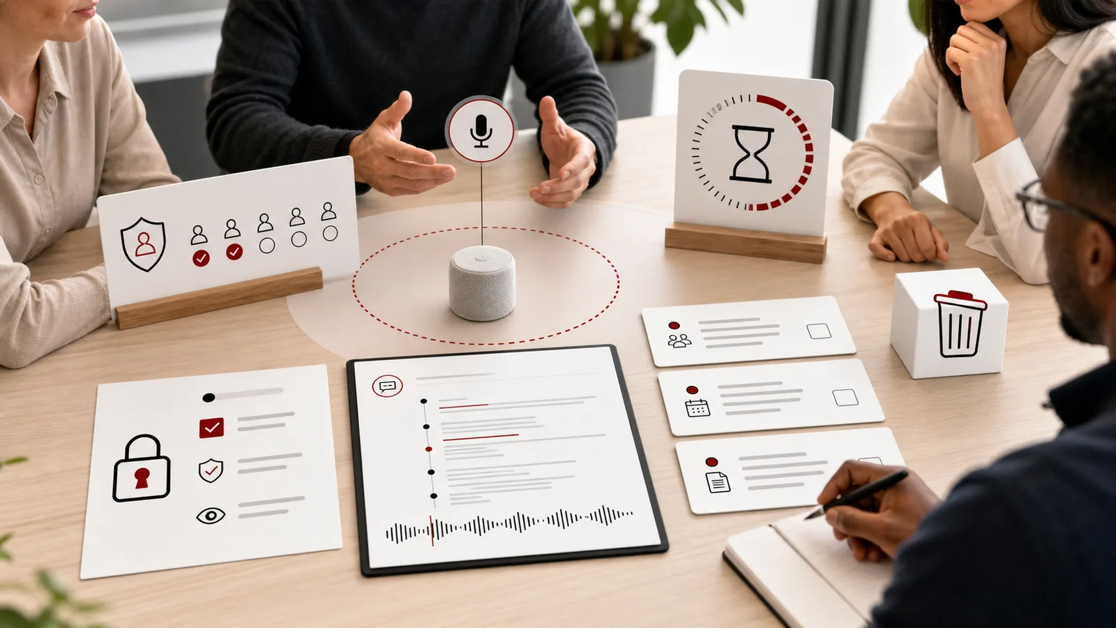 Privacy-conscious meeting room with consent controls, transcript review, action items, and retention settings