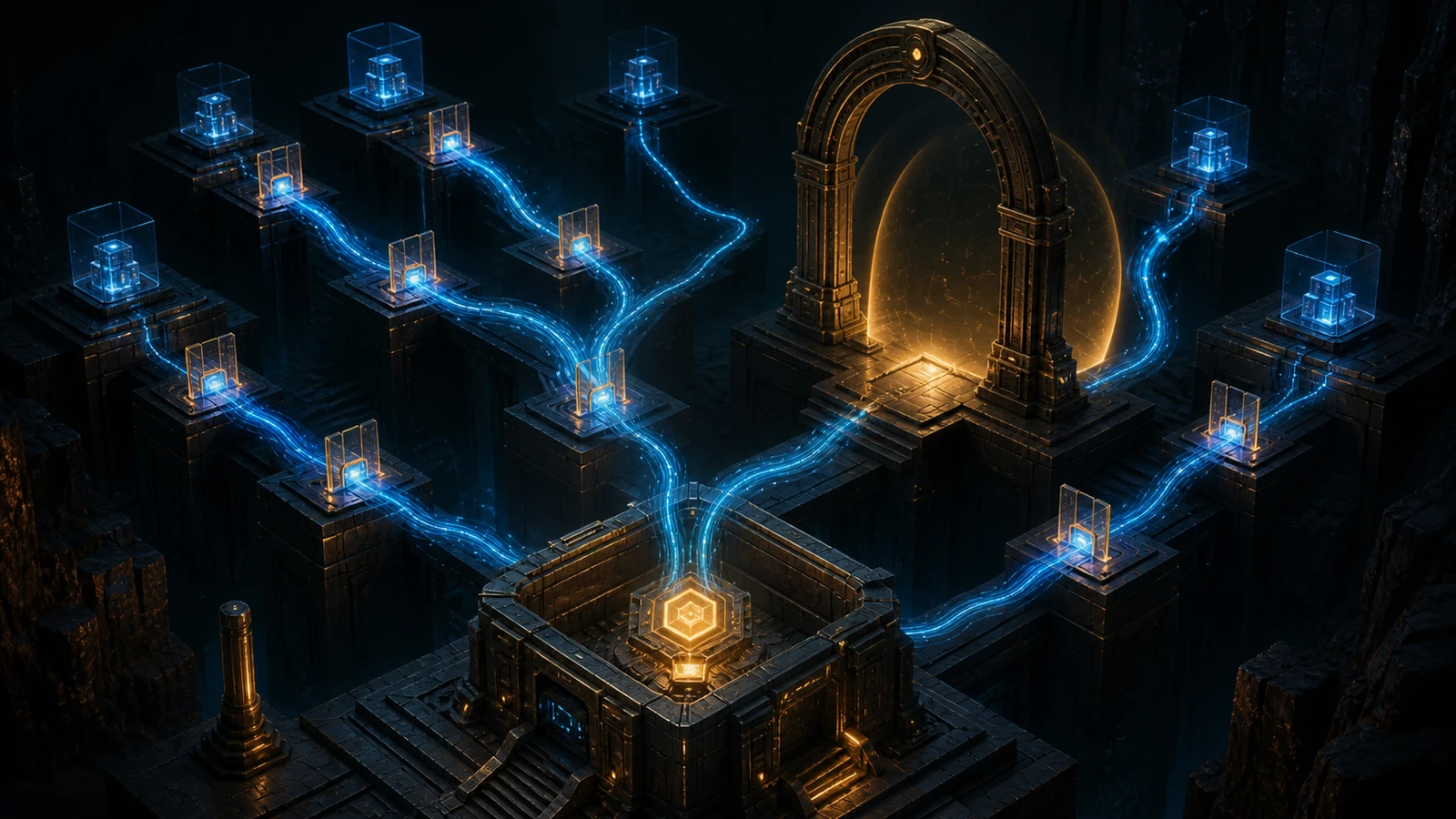 Six luminous blue paths converge on a golden geometric hub below a large amber portal
