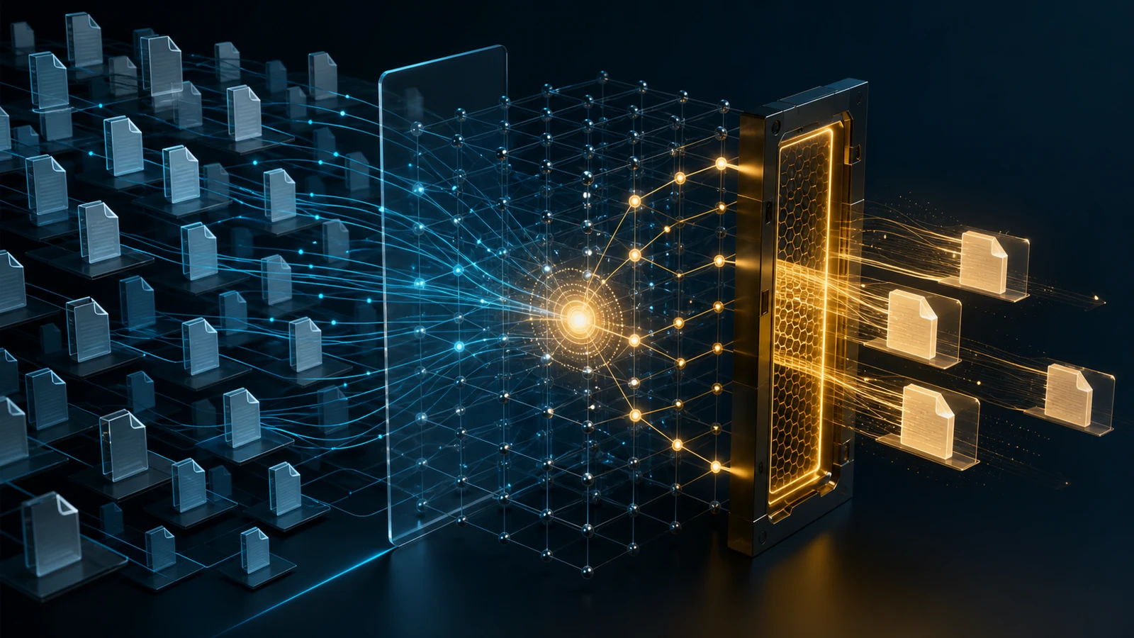Editorial enterprise retrieval constellation with document-like sources, a bright relevance core, and an amber verification gate