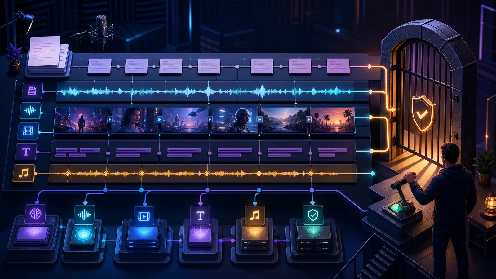 A short-video timeline connects script voice footage captions and music tracks before a guarded publication gate