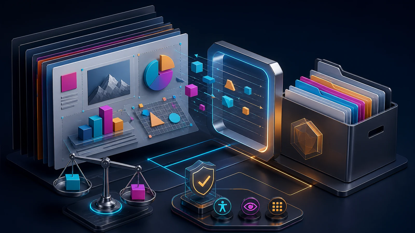 Three presentation pipelines deliver a flattened image deck, an editable slide deck, and a data-backed native deck to a detailed inspection bench on a dark navy background with cyan and amber light