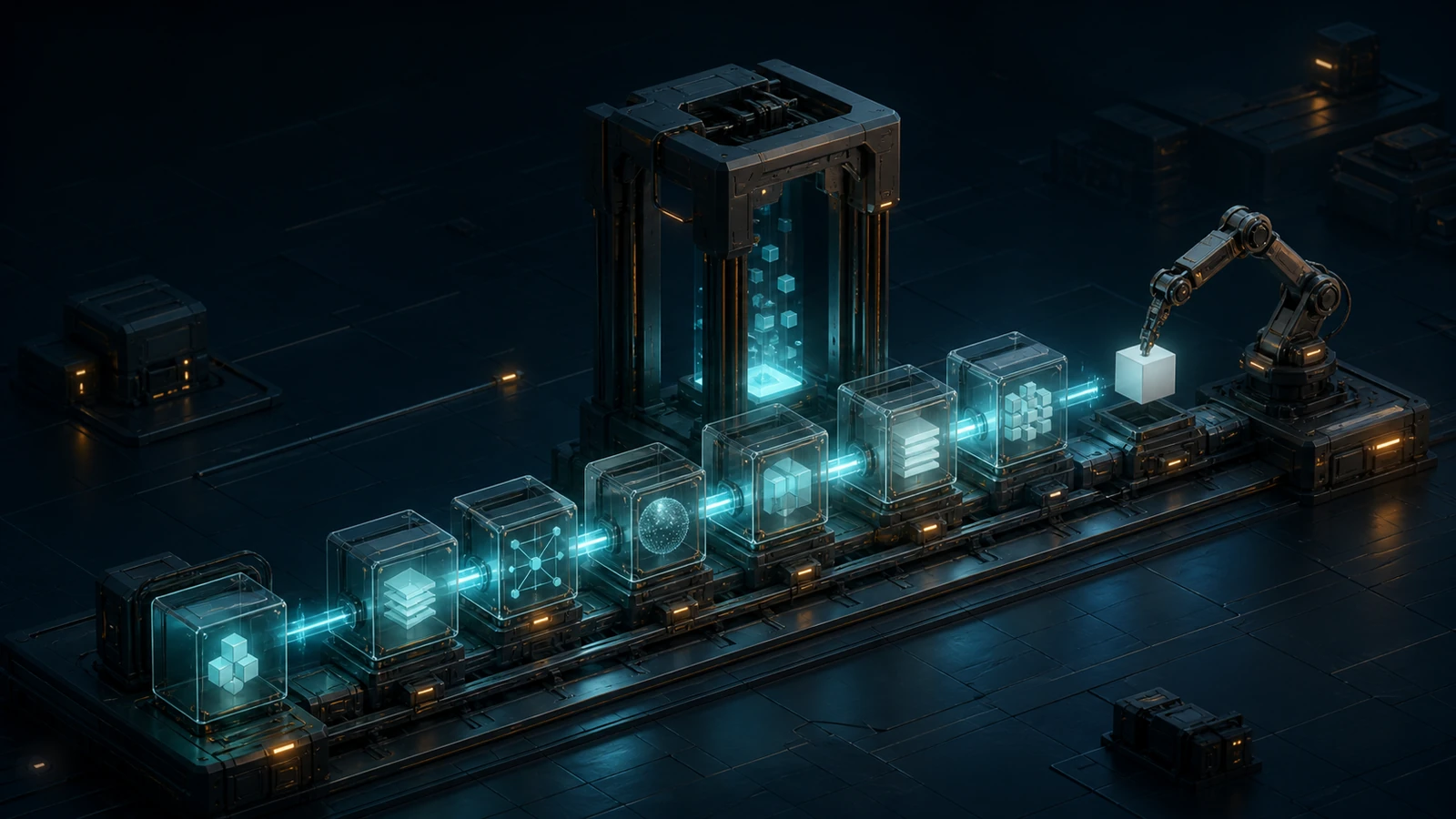 Seven transparent icon cubes line a glowing conveyor between a tall chamber and a robotic arm