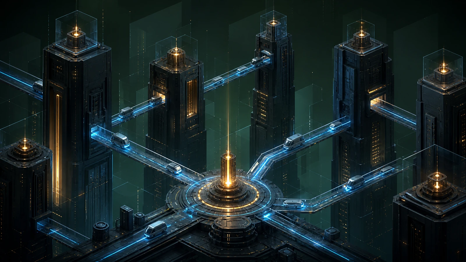 Blue transit paths connect tall black towers to a circular center marked by a vertical golden beacon