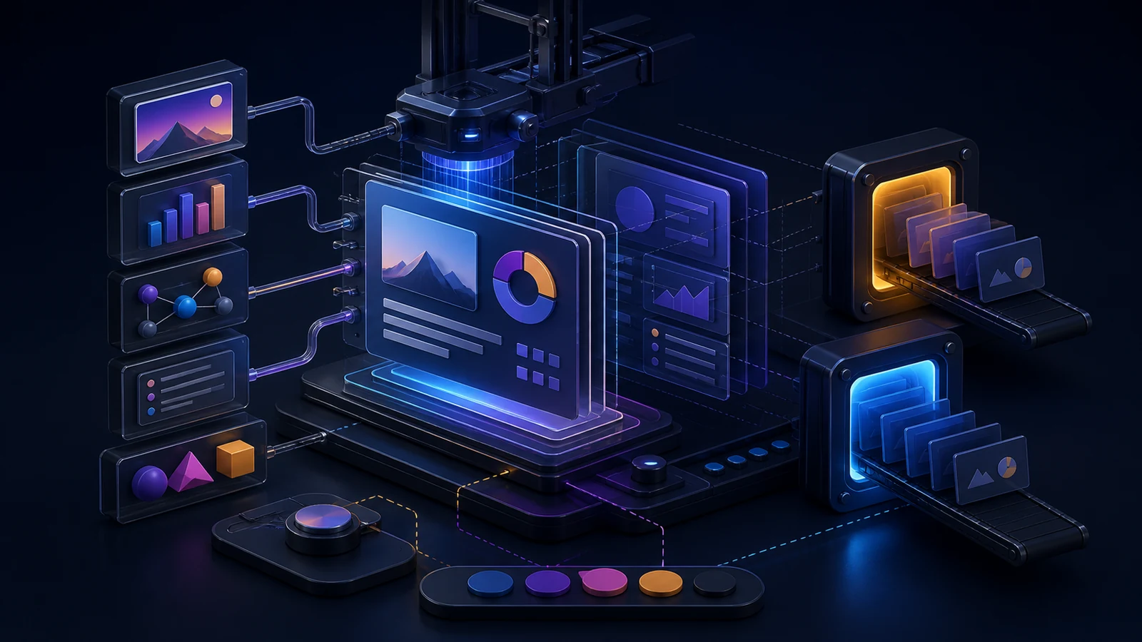 A source document enters an agent-operated slide workshop and exits as a deck of separate editable text, chart, shape, note, and animation layers on a dark navy background with cyan and amber light