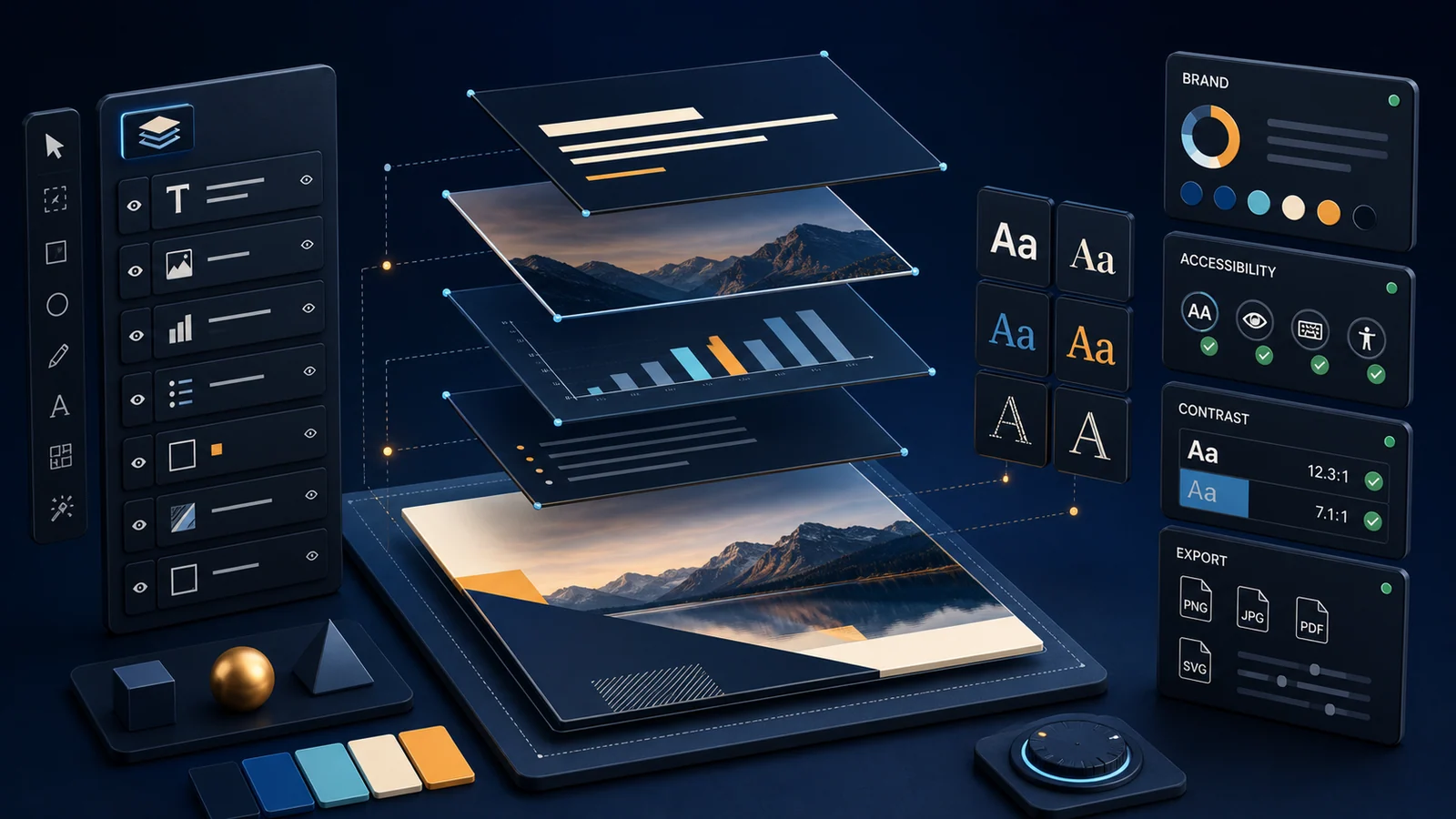 Editable slide layers float above a presentation canvas beside font chart brand and accessibility inspection markers