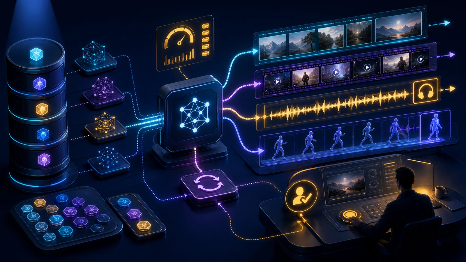 Abstract API routes connect image video audio and real-time media lanes to a guarded production release console