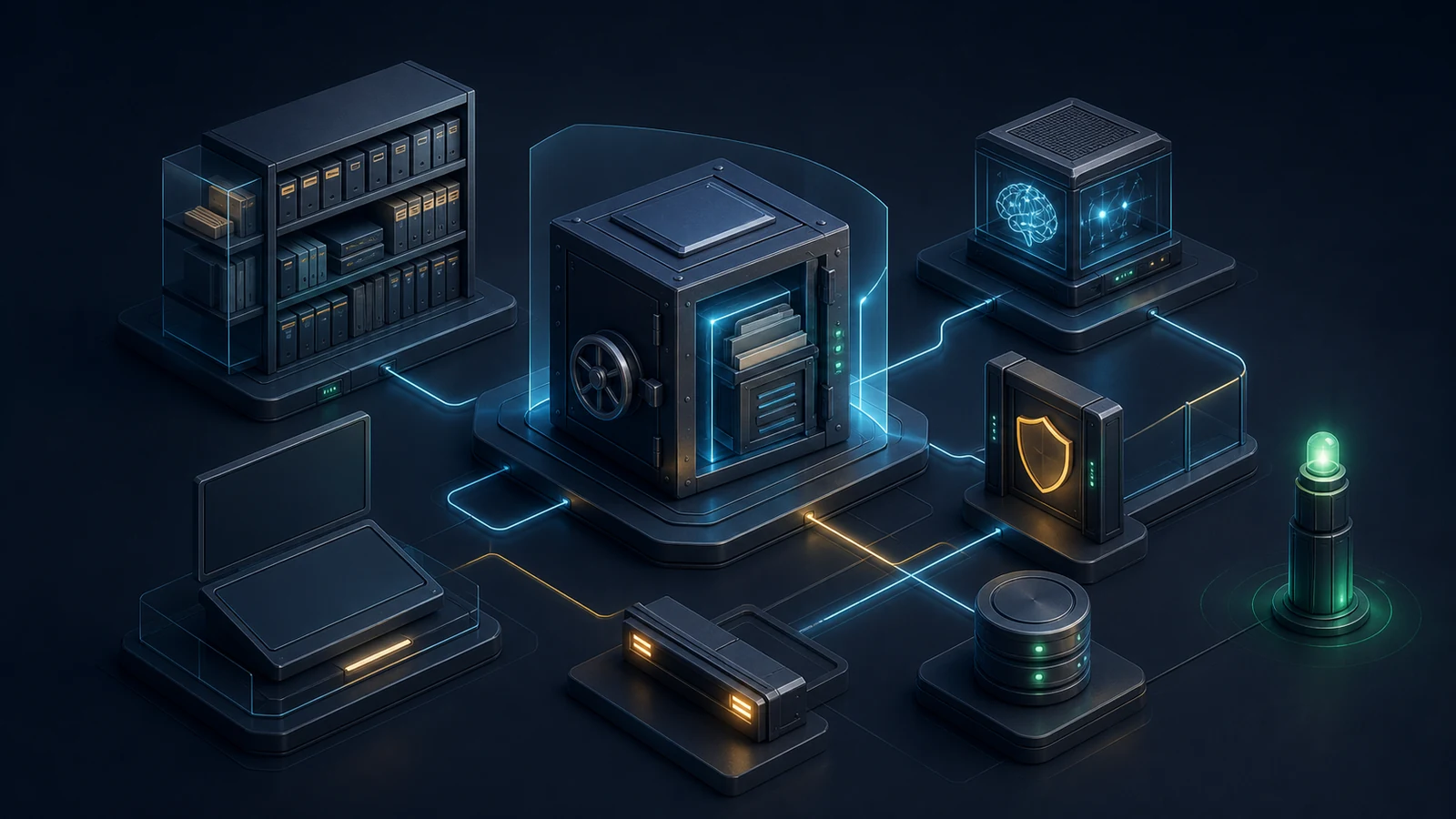 A private knowledge vault connects to an ingestion scanner, local model node, permission gate, backup replica, and operator console on a dark navy background with cyan and amber light