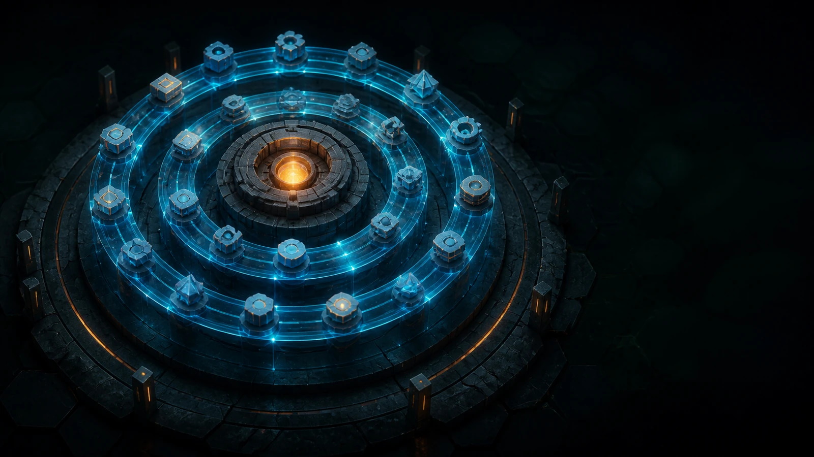 Blue geometric pieces orbit a glowing orange center along four concentric illuminated tracks