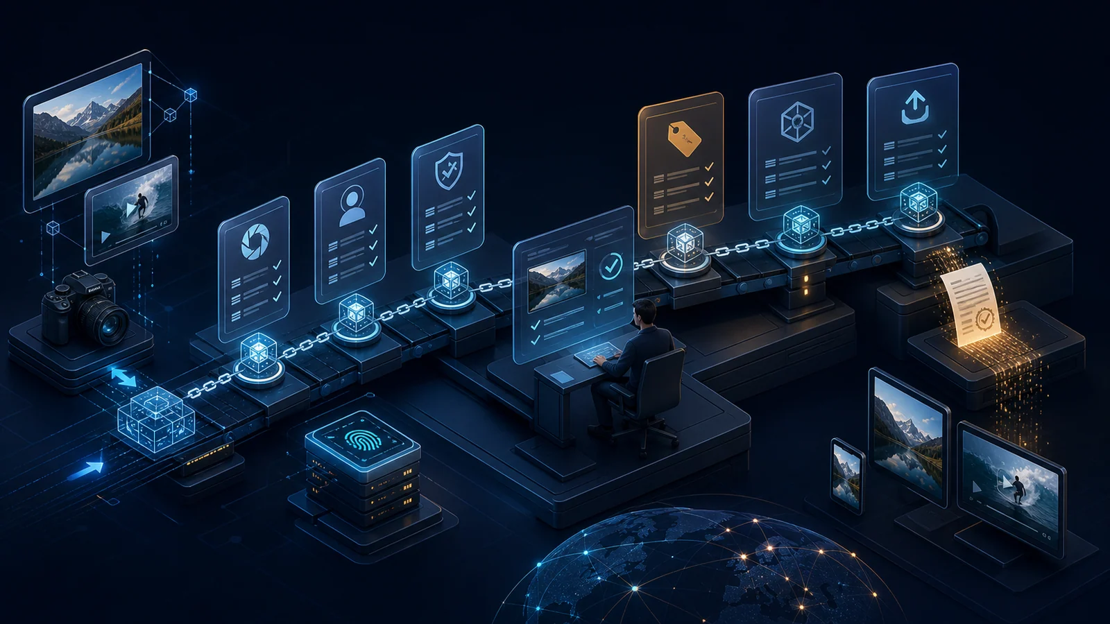 Image and video assets carry provenance manifests through rights review approval disclosure and publication checkpoints